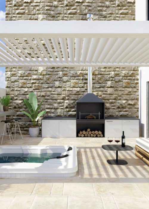 Espace extérieur moderne avec jacuzzi, coin repas et mur en pierre, conçu pour un aménagement de patio clé en main par Patio Exotic.