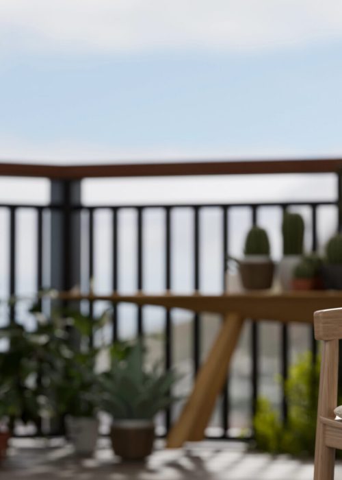 Balcon moderne avec plantes en pot, table en bois, et vue dégagée, illustrant un espace extérieur accueillant pour un projet de patio clé en main par Patio Exotic.